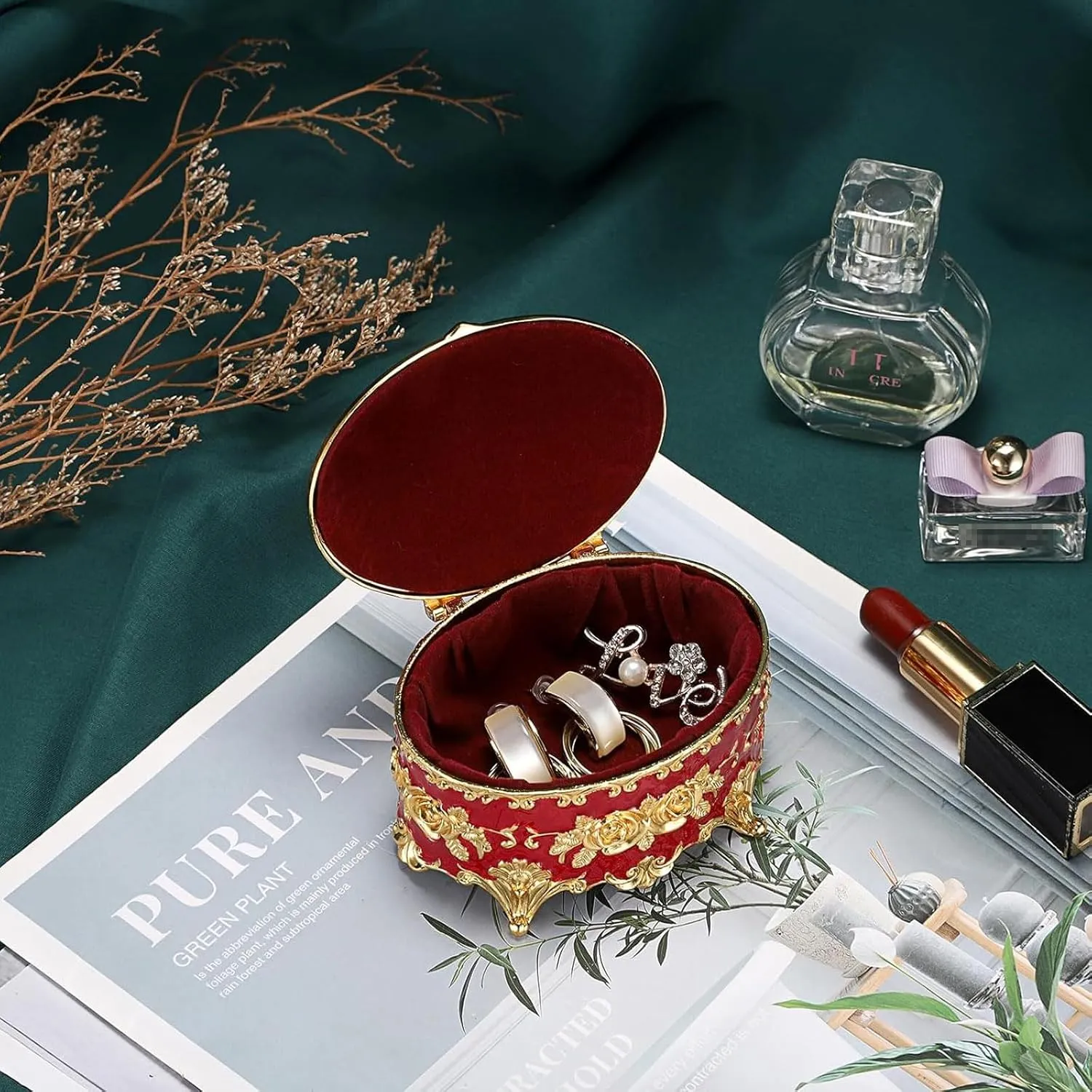 Hipiwe Oval Jewelry Box Classic Metal Trinket Organizer Ring Storage Box with Rose Pattern Jewelry Storage Box for Ring Earrings Necklace, Gift for Women Girls, Red