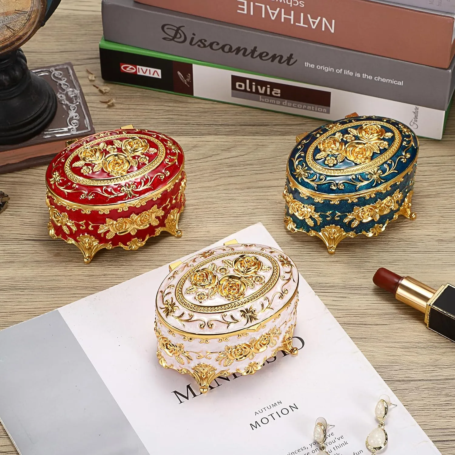 Hipiwe Oval Jewelry Box Classic Metal Trinket Organizer Ring Storage Box with Rose Pattern Jewelry Storage Box for Ring Earrings Necklace, Gift for Women Girls, Red