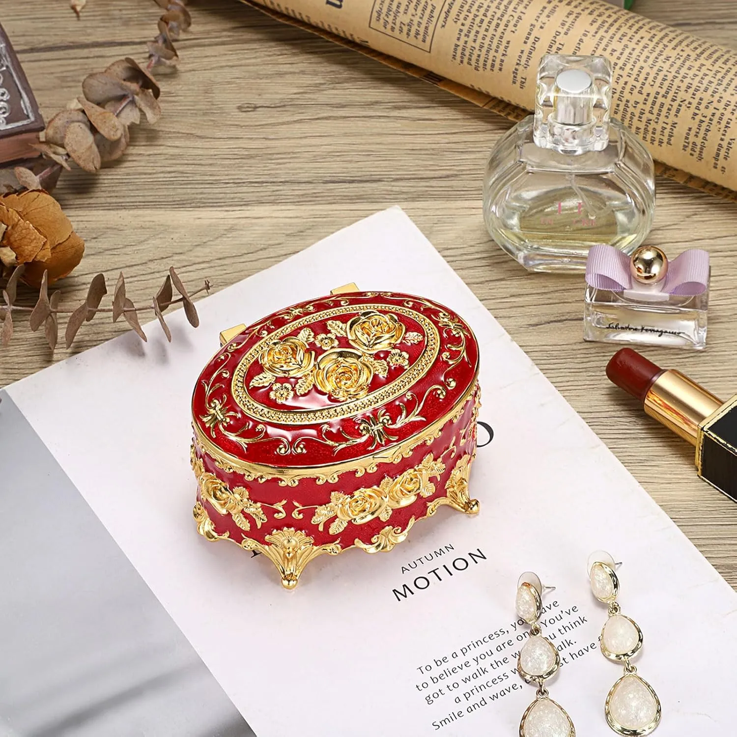 Hipiwe Oval Jewelry Box Classic Metal Trinket Organizer Ring Storage Box with Rose Pattern Jewelry Storage Box for Ring Earrings Necklace, Gift for Women Girls, Red