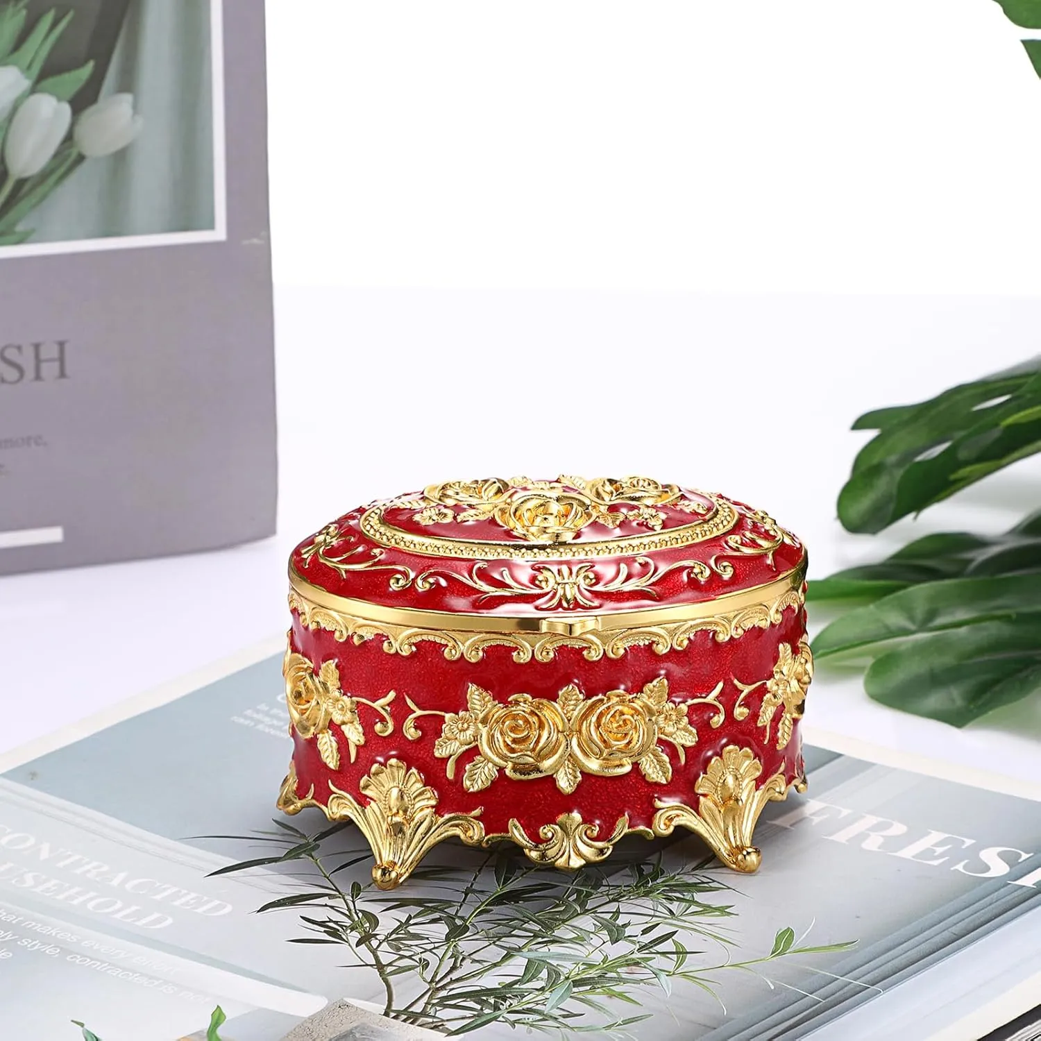 Hipiwe Oval Jewelry Box Classic Metal Trinket Organizer Ring Storage Box with Rose Pattern Jewelry Storage Box for Ring Earrings Necklace, Gift for Women Girls, Red