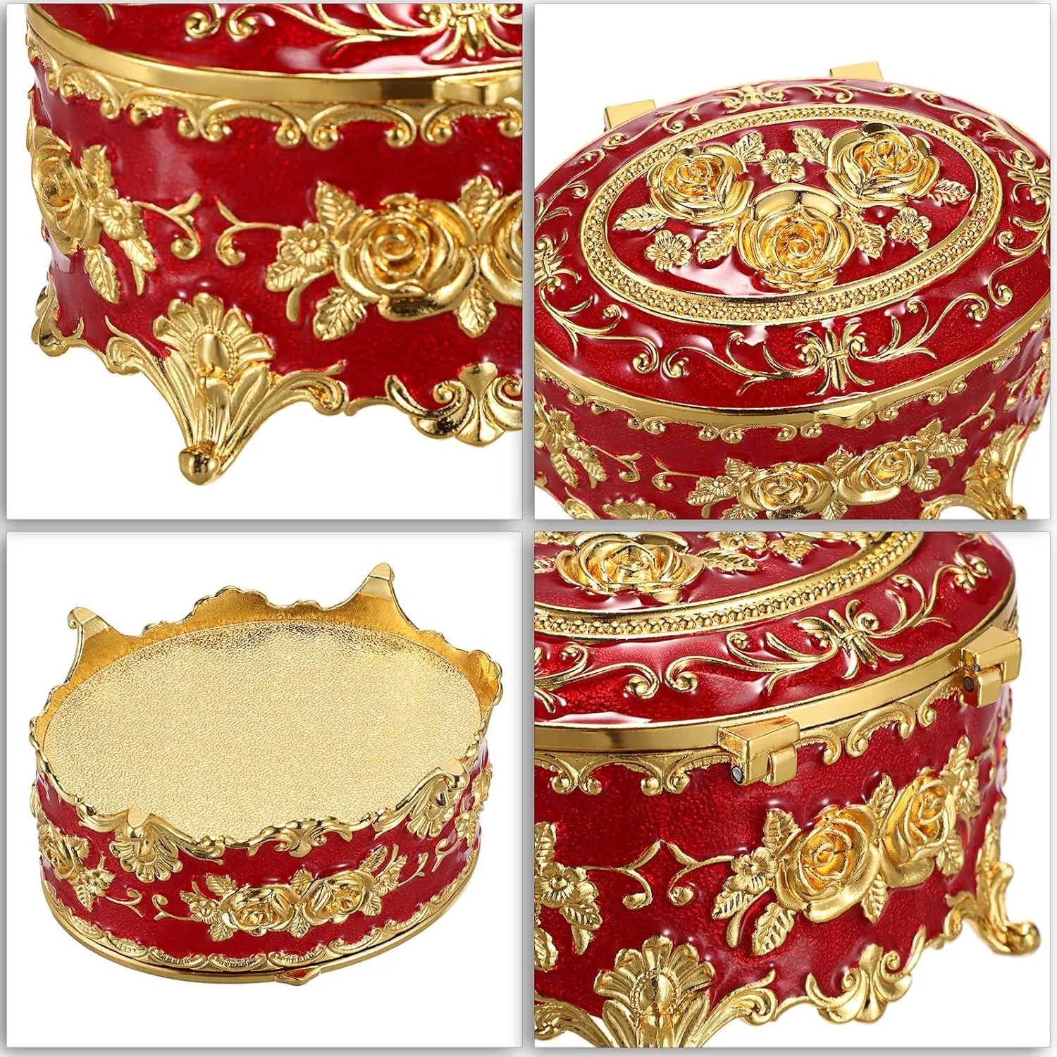 Hipiwe Oval Jewelry Box Classic Metal Trinket Organizer Ring Storage Box with Rose Pattern Jewelry Storage Box for Ring Earrings Necklace, Gift for Women Girls, Red