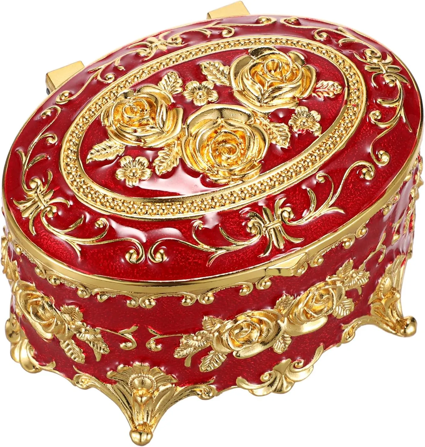 Hipiwe Oval Jewelry Box Classic Metal Trinket Organizer Ring Storage Box with Rose Pattern Jewelry Storage Box for Ring Earrings Necklace, Gift for Women Girls, Red