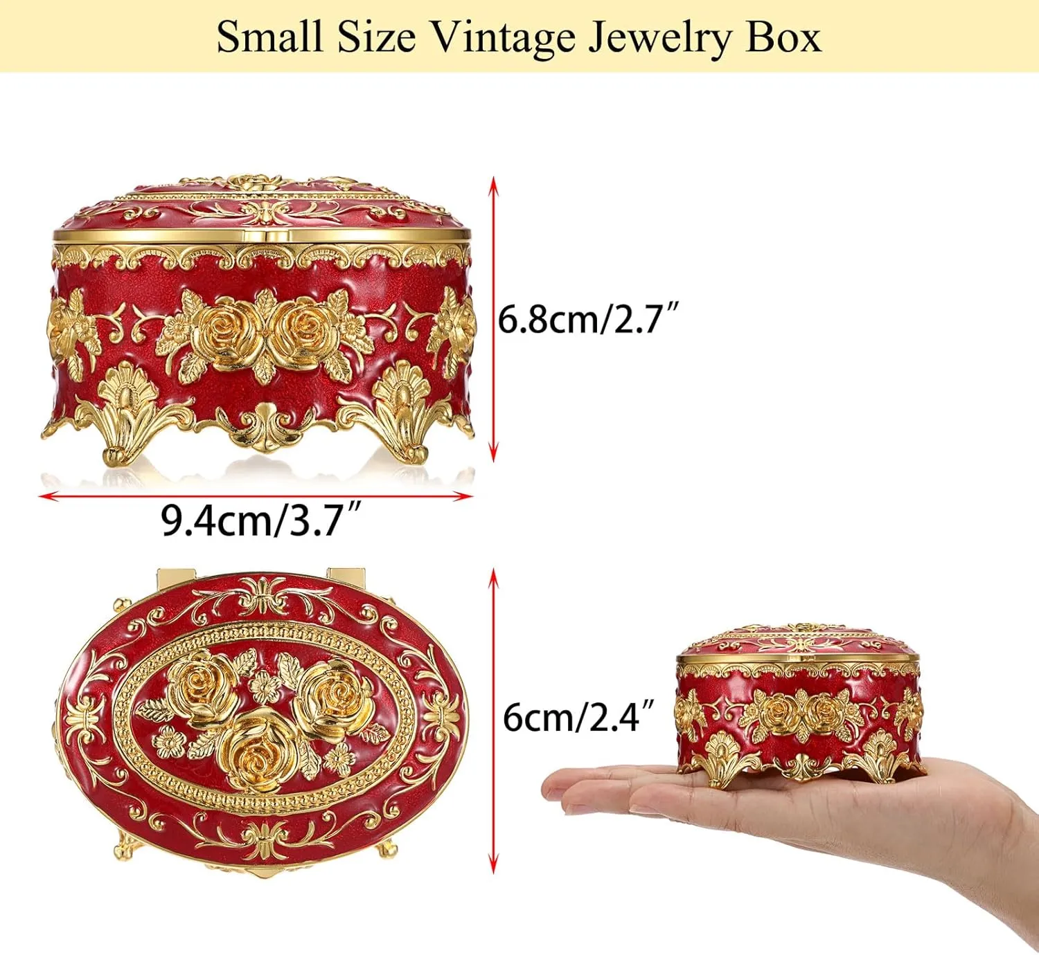 Hipiwe Oval Jewelry Box Classic Metal Trinket Organizer Ring Storage Box with Rose Pattern Jewelry Storage Box for Ring Earrings Necklace, Gift for Women Girls, Red