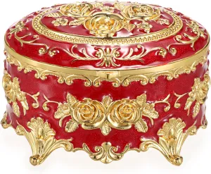 Hipiwe Oval Jewelry Box Classic Metal Trinket Organizer Ring Storage Box with Rose Pattern Jewelry Storage Box for Ring Earrings Necklace, Gift for Women Girls, Red