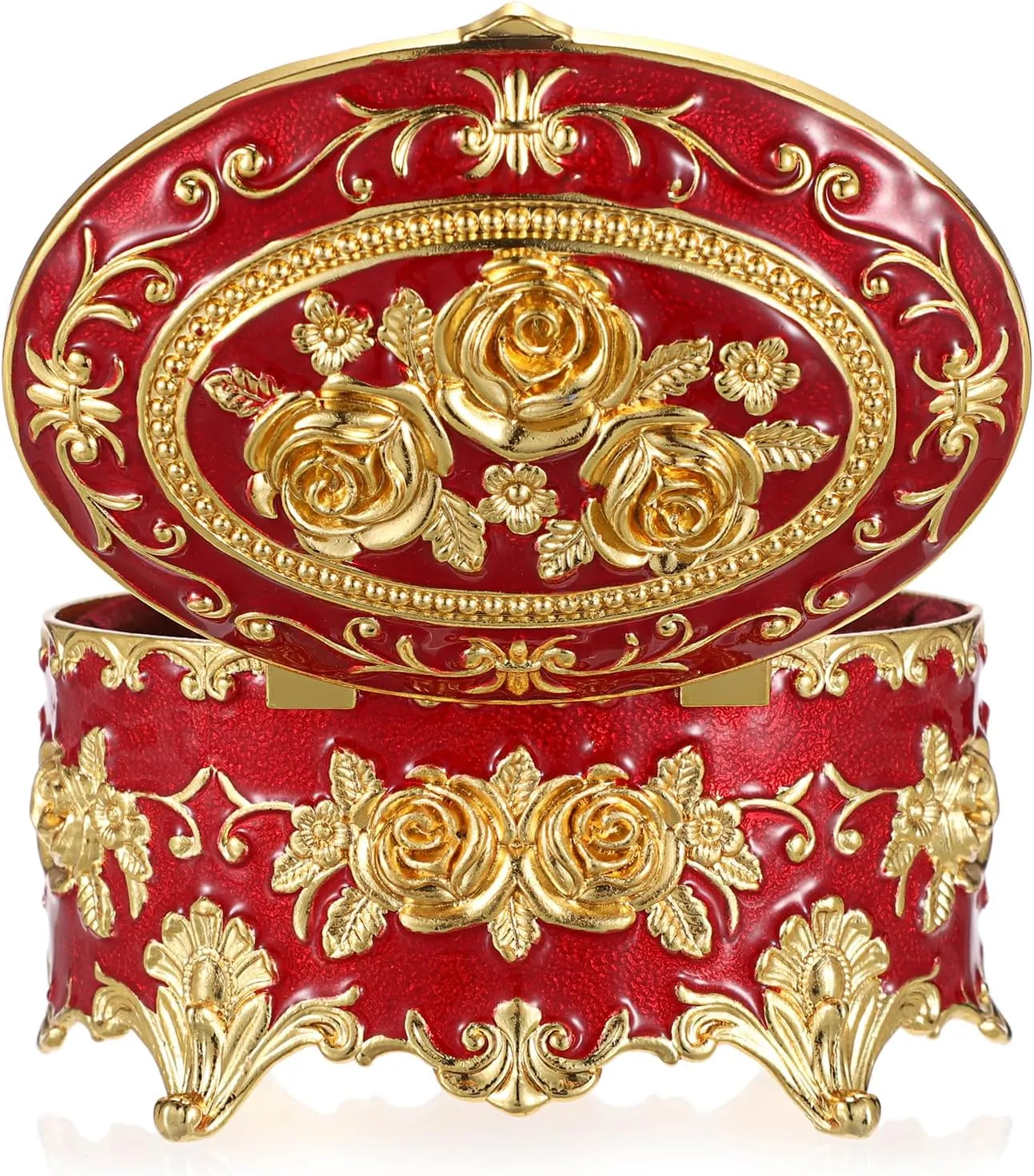 Hipiwe Oval Jewelry Box Classic Metal Trinket Organizer Ring Storage Box with Rose Pattern Jewelry Storage Box for Ring Earrings Necklace, Gift for Women Girls, Red