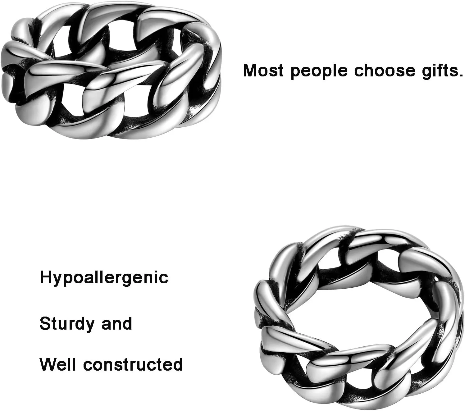 Hipunk Men Women Stainless Steel Cuban Link Ring - 6.5mm 9.5mm Wide Curb Chain Ring Wedding Band Biker Ring Twisted Chunky Dome Ring, Silver Black Engagement Stackable Rings, Size 6 to 12,Gift Warp