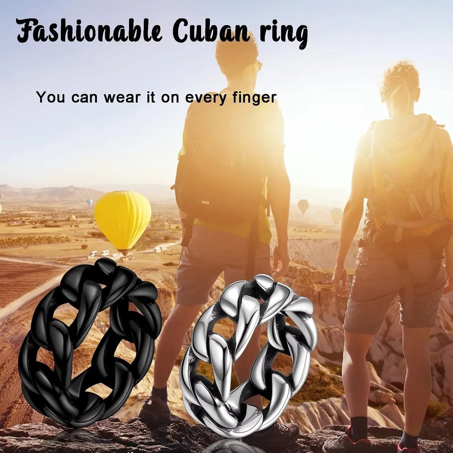 Hipunk Men Women Stainless Steel Cuban Link Ring - 6.5mm 9.5mm Wide Curb Chain Ring Wedding Band Biker Ring Twisted Chunky Dome Ring, Silver Black Engagement Stackable Rings, Size 6 to 12,Gift Warp