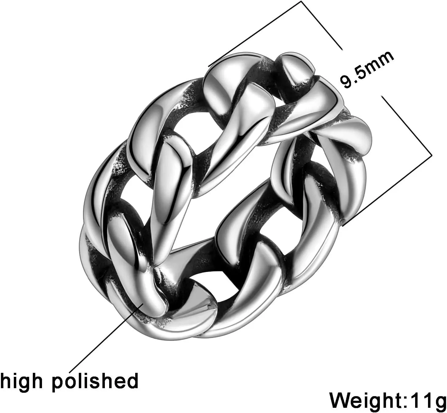 Hipunk Men Women Stainless Steel Cuban Link Ring - 6.5mm 9.5mm Wide Curb Chain Ring Wedding Band Biker Ring Twisted Chunky Dome Ring, Silver Black Engagement Stackable Rings, Size 6 to 12,Gift Warp