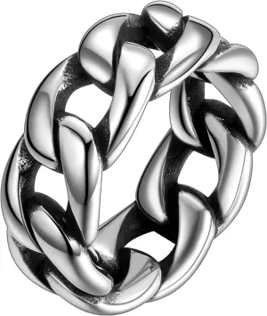 Hipunk Men Women Stainless Steel Cuban Link Ring - 6.5mm 9.5mm Wide Curb Chain Ring Wedding Band Biker Ring Twisted Chunky Dome Ring, Silver Black Engagement Stackable Rings, Size 6 to 12,Gift Warp