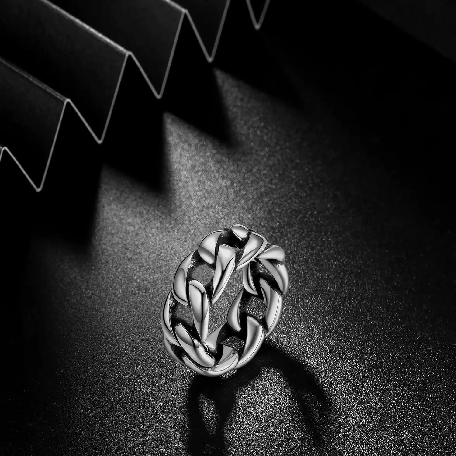 Hipunk Men Women Stainless Steel Cuban Link Ring - 6.5mm 9.5mm Wide Curb Chain Ring Wedding Band Biker Ring Twisted Chunky Dome Ring, Silver Black Engagement Stackable Rings, Size 6 to 12,Gift Warp