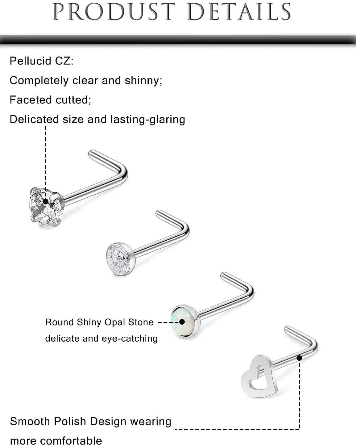 Hoeudjo 18G Opal Nose Rings Surgical Steel Nose Ring Studs Heart CZ Inlaid Piercing Jewelry for Women Mens 16-20 Pieces