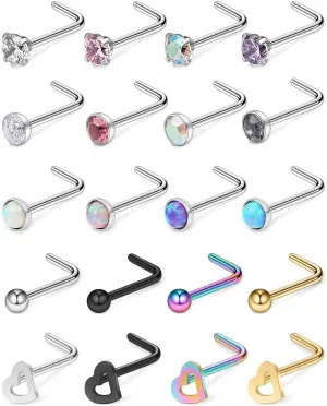 Hoeudjo 18G Opal Nose Rings Surgical Steel Nose Ring Studs Heart CZ Inlaid Piercing Jewelry for Women Mens 16-20 Pieces