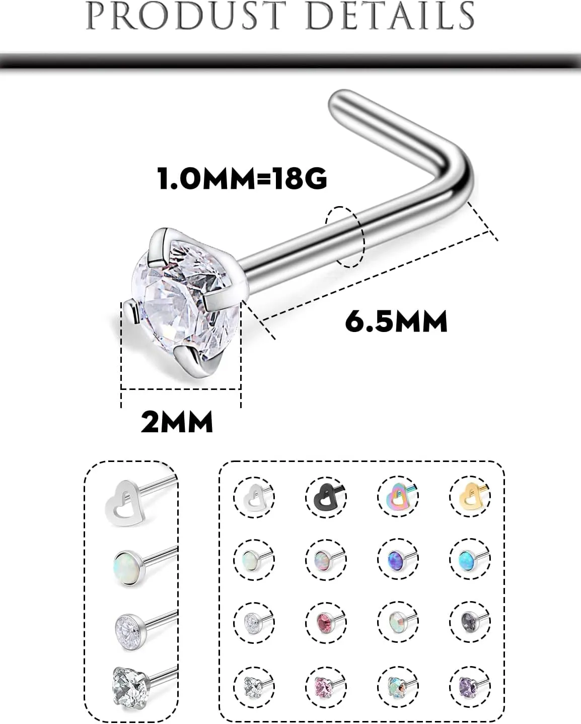 Hoeudjo 18G Opal Nose Rings Surgical Steel Nose Ring Studs Heart CZ Inlaid Piercing Jewelry for Women Mens 16-20 Pieces