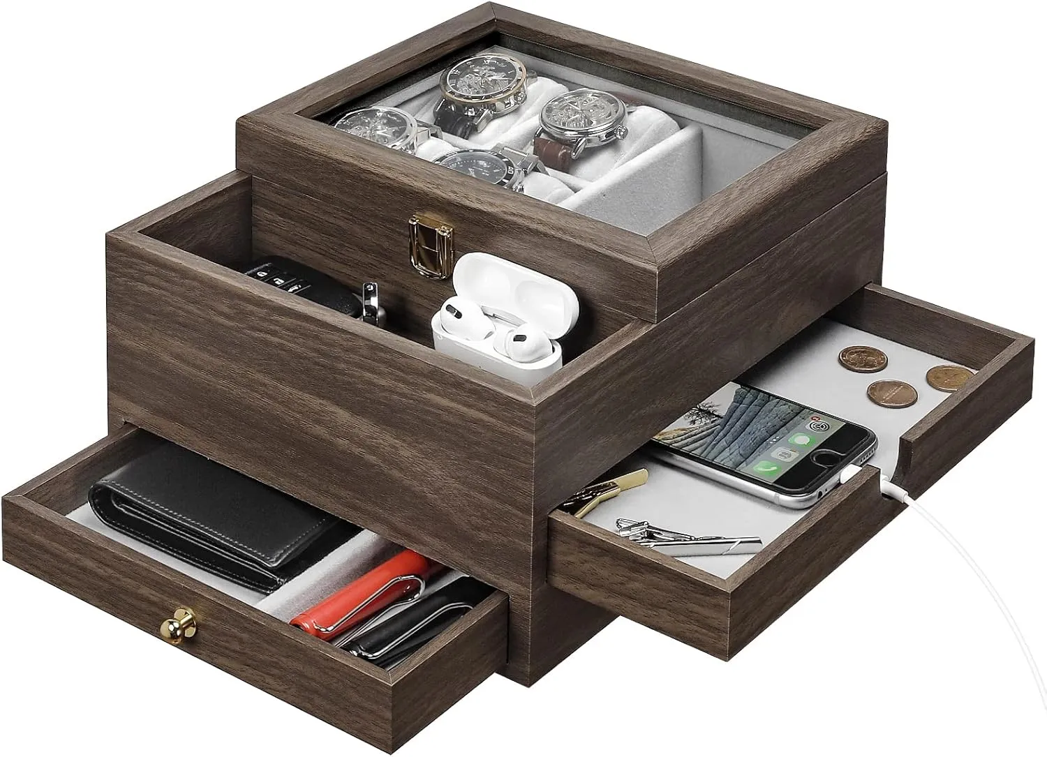 Homde Watch Box for Men Jewelry Organizer with Real Glass Watch Case for Ring, Bracelet, Watch, Necklace, Earrings, and Accessories