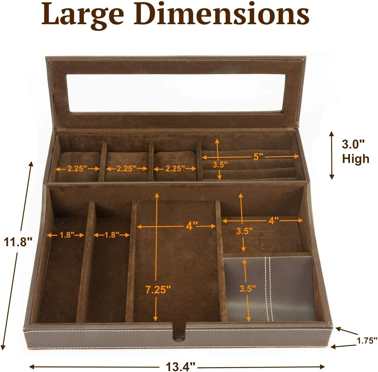 HOUNDSBAY Navigator Large Dresser Valet Tray & Mens Jewelry Box Organizer - Watch Box Organizer for Men with Angled Charging Station (Classic Brown)