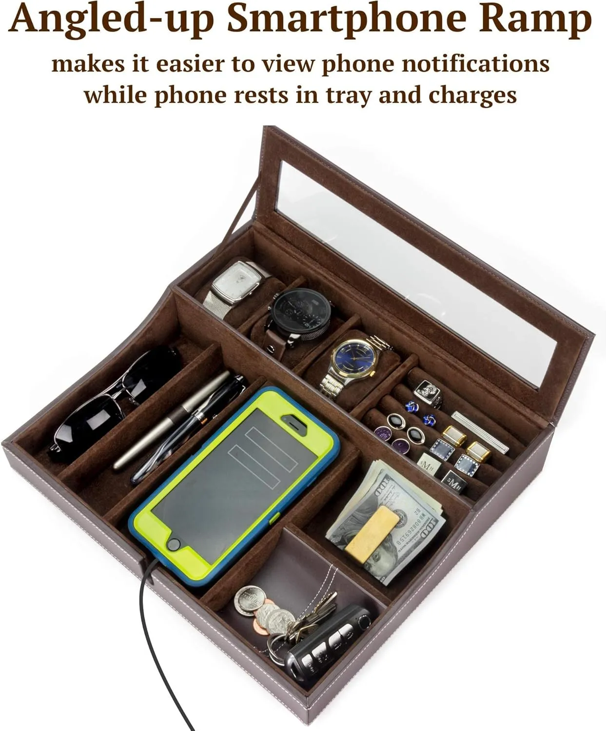 HOUNDSBAY Navigator Large Dresser Valet Tray & Mens Jewelry Box Organizer - Watch Box Organizer for Men with Angled Charging Station (Classic Brown)