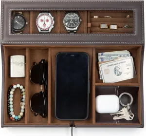 HOUNDSBAY Navigator Large Dresser Valet Tray & Mens Jewelry Box Organizer - Watch Box Organizer for Men with Angled Charging Station (Classic Brown)