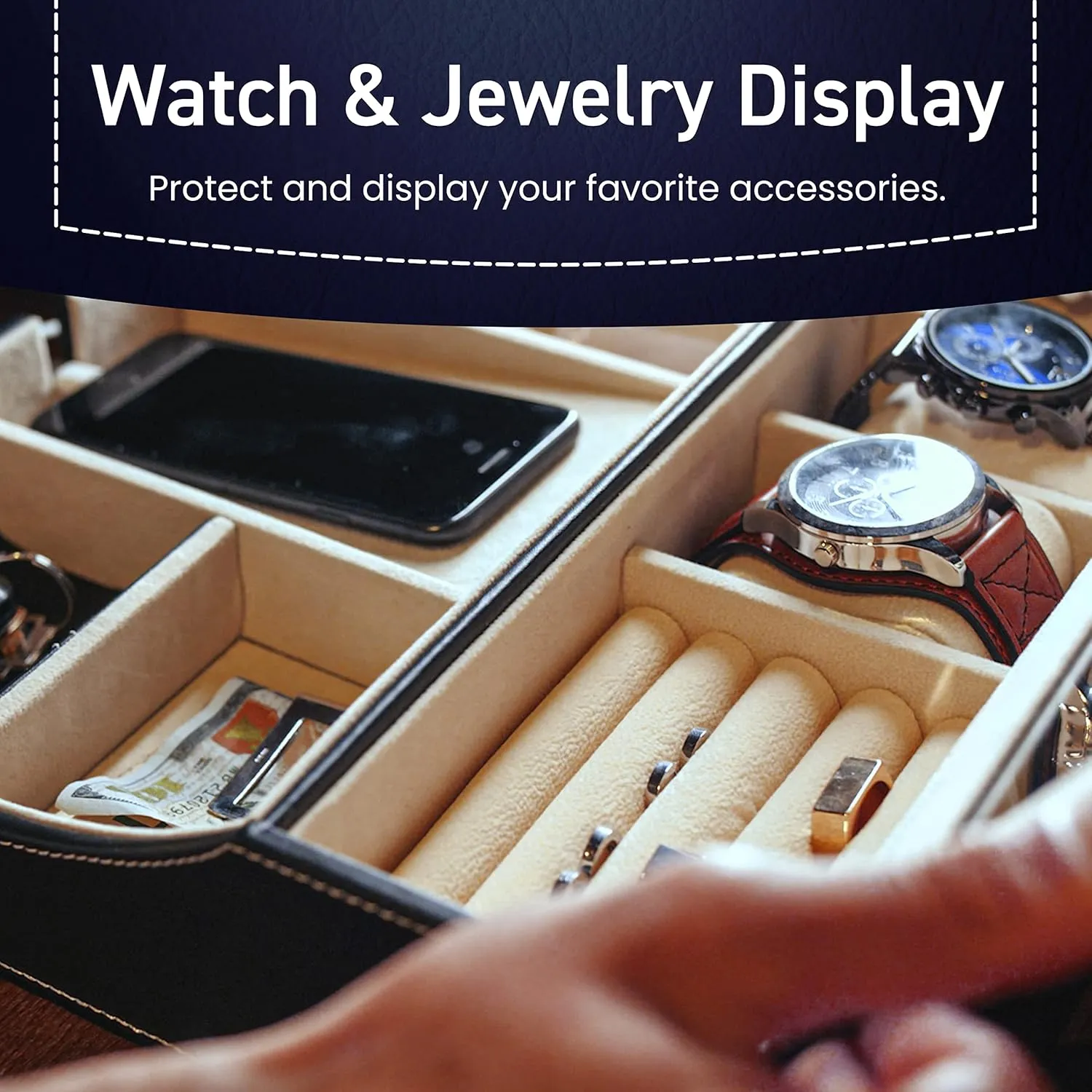 HOUNDSBAY Navigator Large Dresser Valet Tray & Mens Jewelry Box Organizer - Watch Box Organizer for Men with Angled Charging Station (Classic Brown)