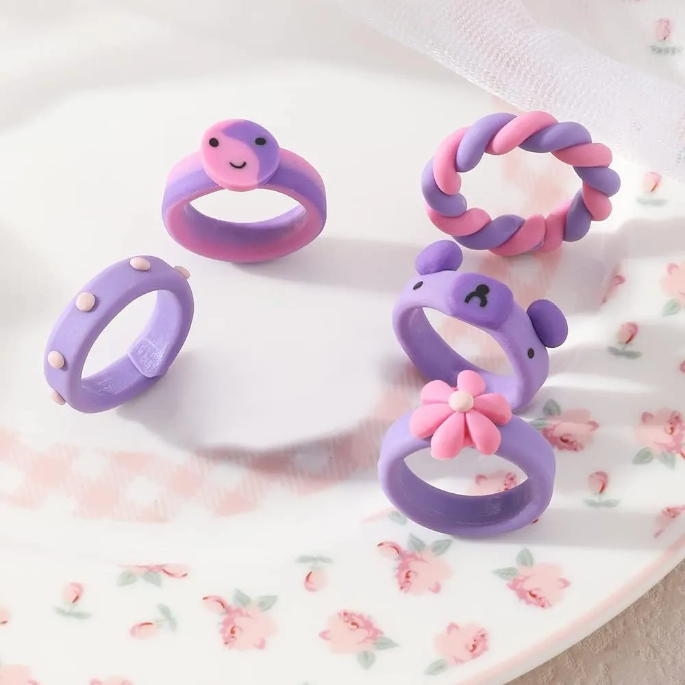 HUJUON 5Pcs Colorful Acrylic Finger Rings Set,Love Heart Daisy Flower Fruit Strawberry Rainbow Knuckle Stackable Band Rings for Women