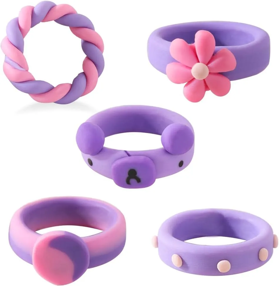 HUJUON 5Pcs Colorful Acrylic Finger Rings Set,Love Heart Daisy Flower Fruit Strawberry Rainbow Knuckle Stackable Band Rings for Women