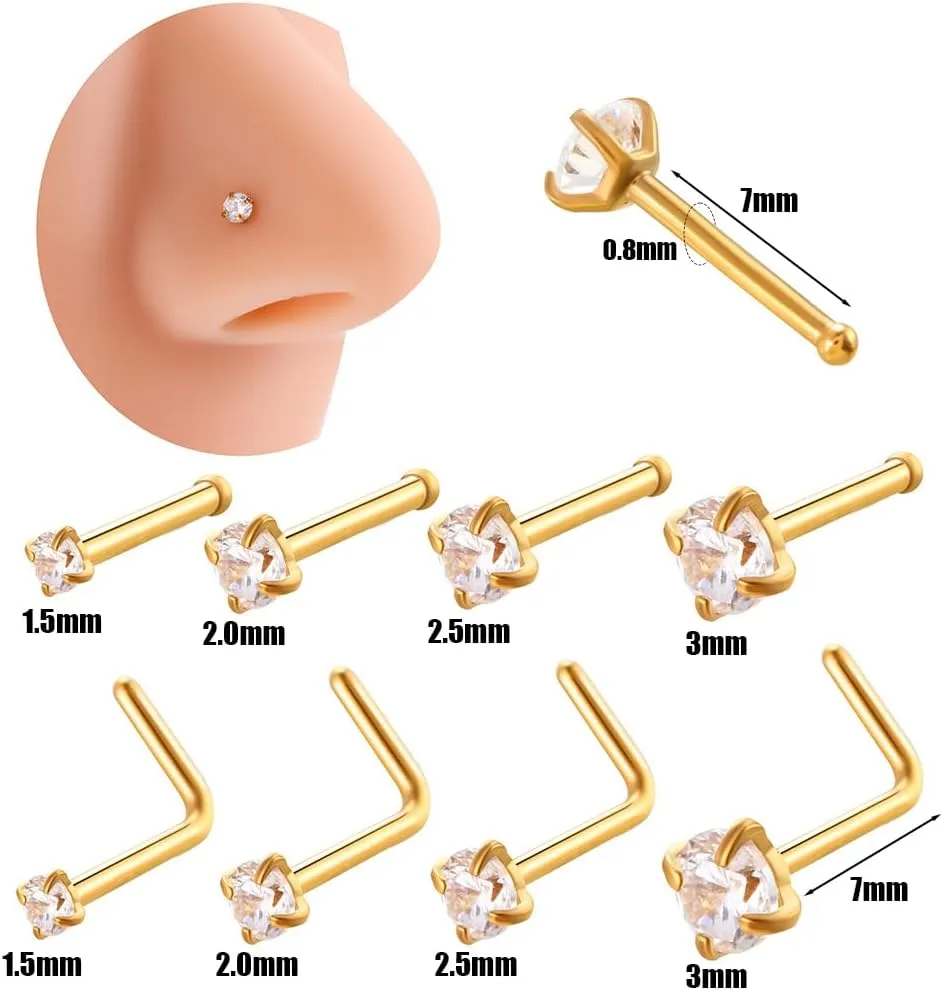 Hypoallergenic Earrings 1.5mm 2mm 2.5mm 3mm Stainless Steel Earrings Nose Studs Cubic Zirconia Different Shapes Flat Back Cartilage Earring Nose Stud Lip Studs for Men Women