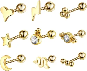 Hypoallergenic Earrings 1.5mm 2mm 2.5mm 3mm Stainless Steel Earrings Nose Studs Cubic Zirconia Different Shapes Flat Back Cartilage Earring Nose Stud Lip Studs for Men Women