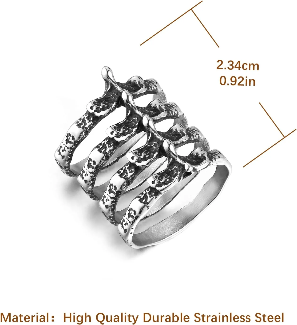 HZMAN Gothic Punk Spine Skeleton Ring Bone Stainless Steel Rings for Men Women Biker Jewelry Gift