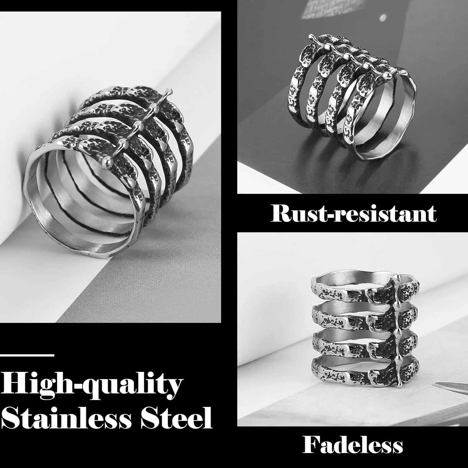 HZMAN Gothic Punk Spine Skeleton Ring Bone Stainless Steel Rings for Men Women Biker Jewelry Gift