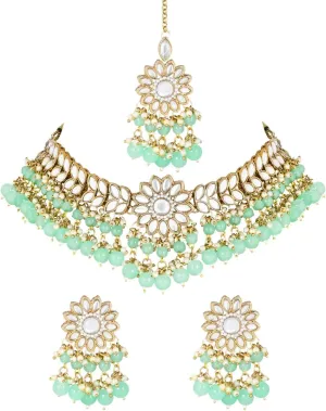 I Jewels Gold Plated Indian Wedding Bollywood Kundan & Pearl Choker Necklace Earring & Maang Tikka Ethnic Jewellery Set for Women (K7232-1)