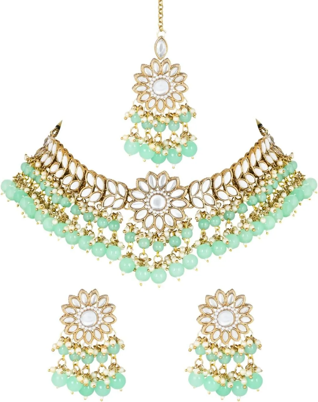 I Jewels Gold Plated Indian Wedding Bollywood Kundan & Pearl Choker Necklace Earring & Maang Tikka Ethnic Jewellery Set for Women (K7232-1)