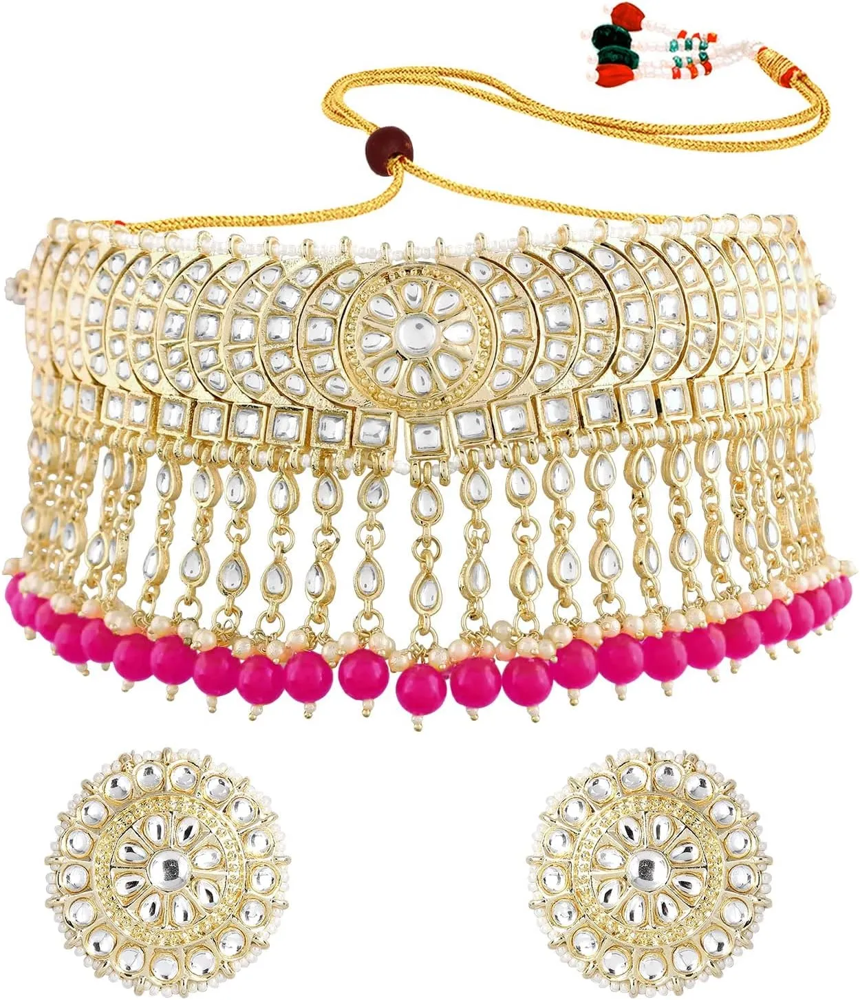 I Jewels Gold Plated Indian Wedding Bollywood Kundan & Pearl Studded Choker Necklace Jewellery Set For Women (K7210-1)