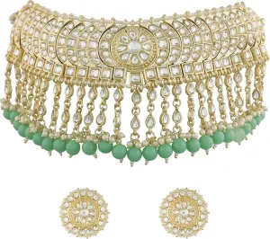 I Jewels Gold Plated Indian Wedding Bollywood Kundan & Pearl Studded Choker Necklace Jewellery Set For Women (K7210-1)