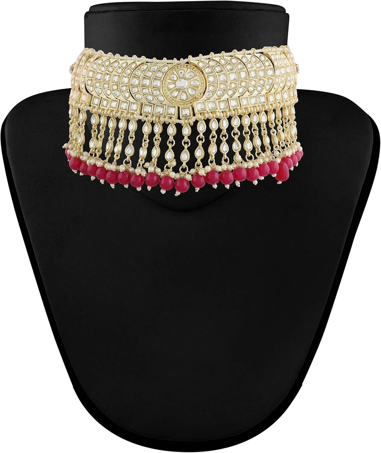 I Jewels Gold Plated Indian Wedding Bollywood Kundan & Pearl Studded Choker Necklace Jewellery Set For Women (K7210-1)