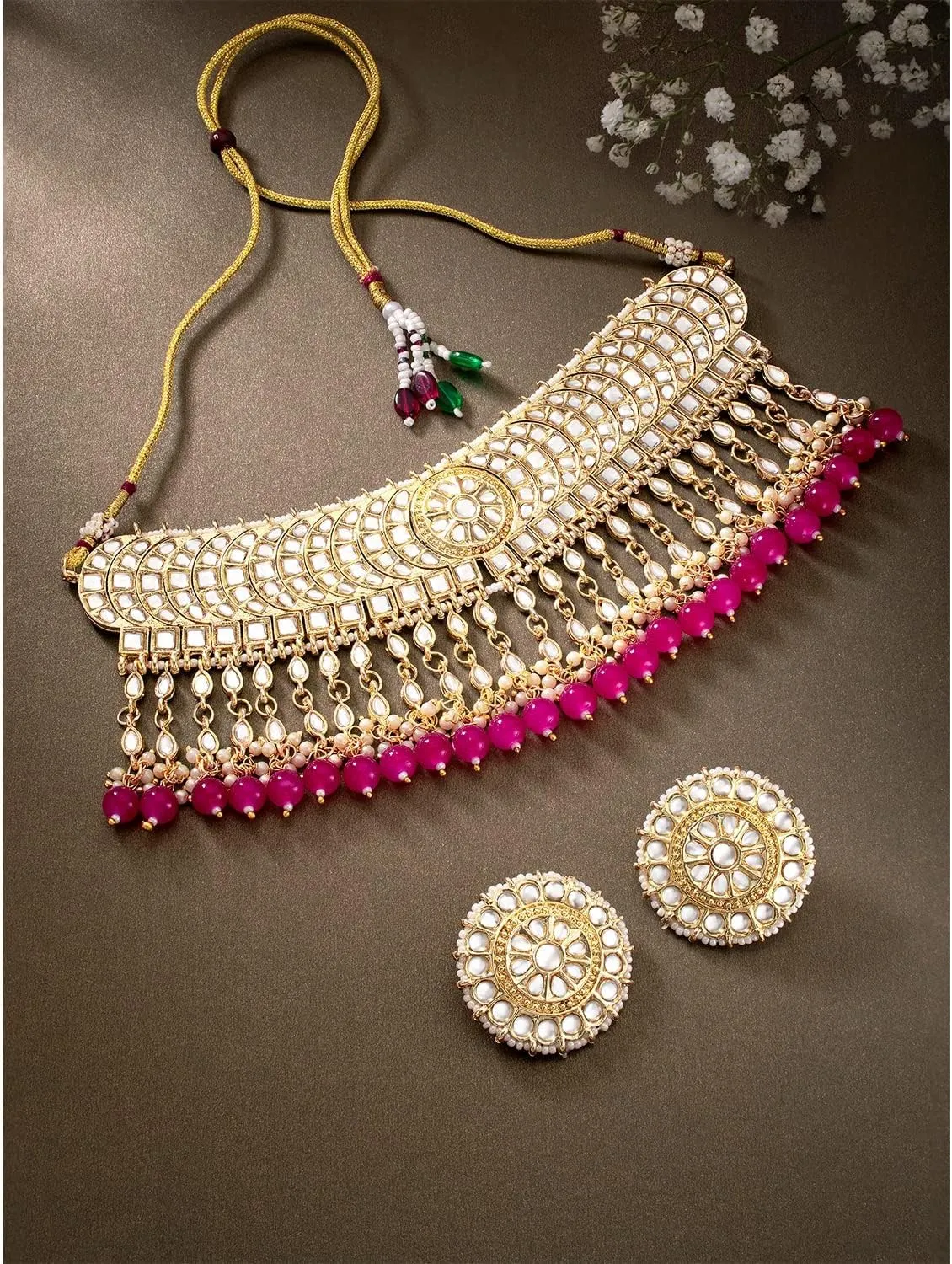 I Jewels Gold Plated Indian Wedding Bollywood Kundan & Pearl Studded Choker Necklace Jewellery Set For Women (K7210-1)