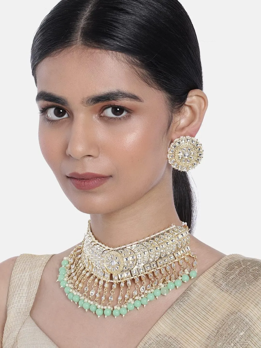 I Jewels Gold Plated Indian Wedding Bollywood Kundan & Pearl Studded Choker Necklace Jewellery Set For Women (K7210-1)