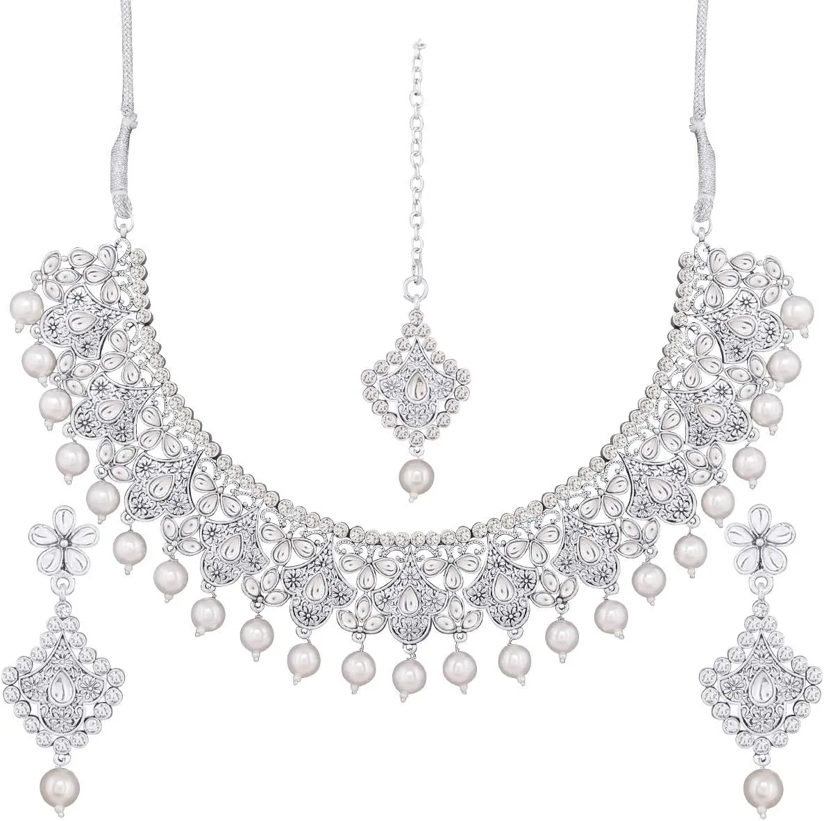 I Jewels Traditional Oxidised Silver Plated CZ Stone Studded & Pearl Necklace Set with Earrings & Maang Tikka for Women (M4108S)