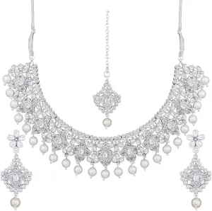 I Jewels Traditional Oxidised Silver Plated CZ Stone Studded & Pearl Necklace Set with Earrings & Maang Tikka for Women (M4108S)