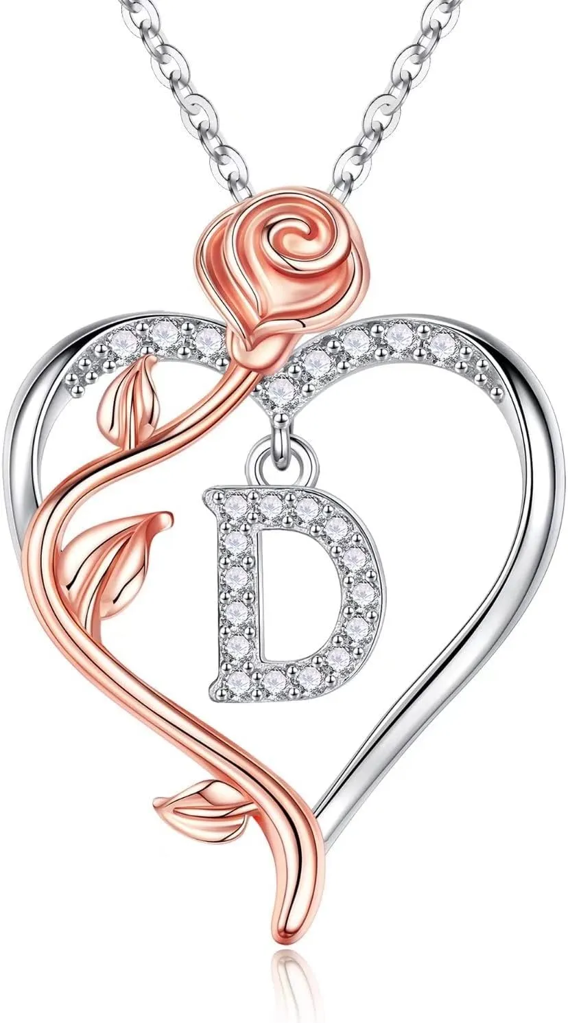 Iefil Rose Heart Necklaces Gifts for Women - 925 Sterling Silver Rose Heart Initial Necklace, Anniversary Birthday Gifts for Women, Jewelry Gift for Her Wife Girlfriend Mom Daughter