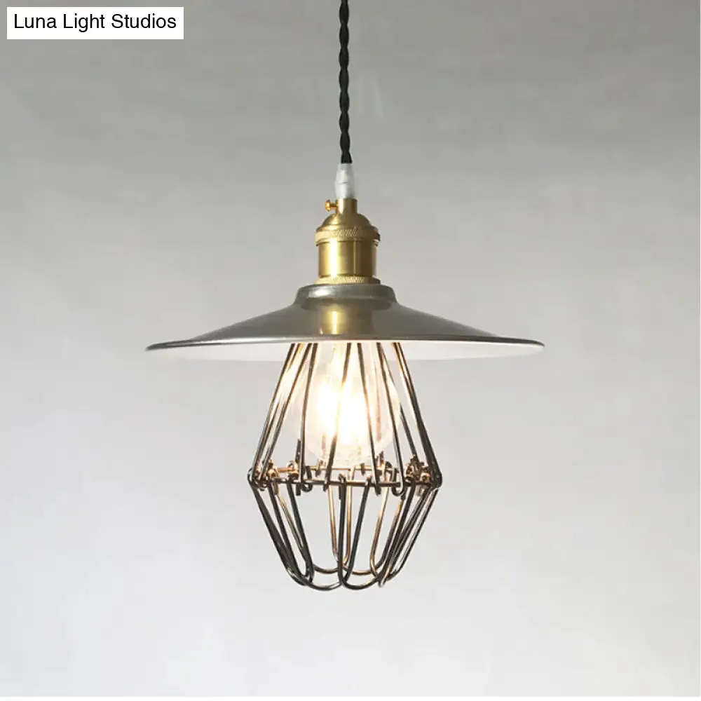 Industrial Saucer Drop Pendant Ceiling Lamp, Metal Cage Design in Nickel, 9"/14" Width