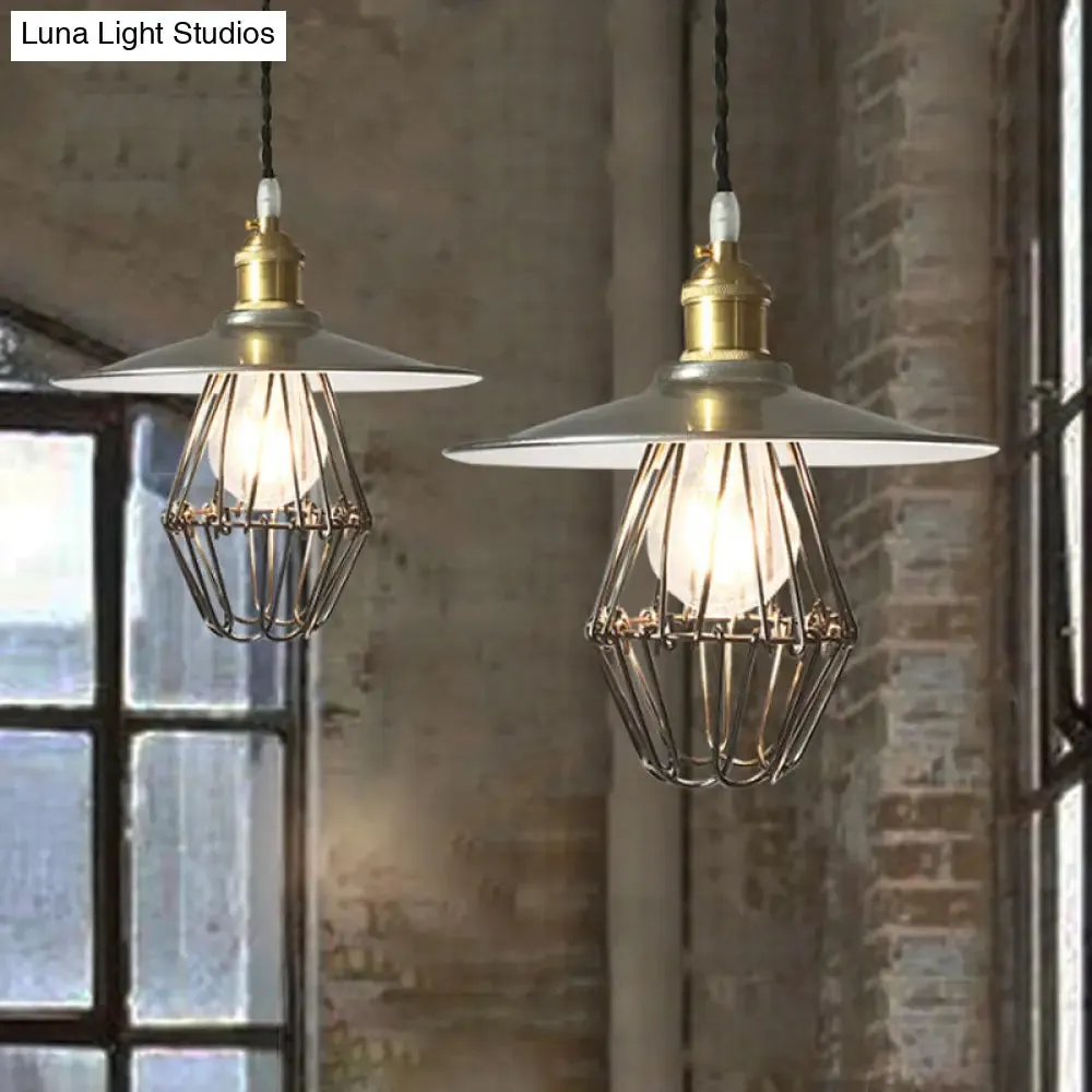 Industrial Saucer Drop Pendant Ceiling Lamp, Metal Cage Design in Nickel, 9"/14" Width