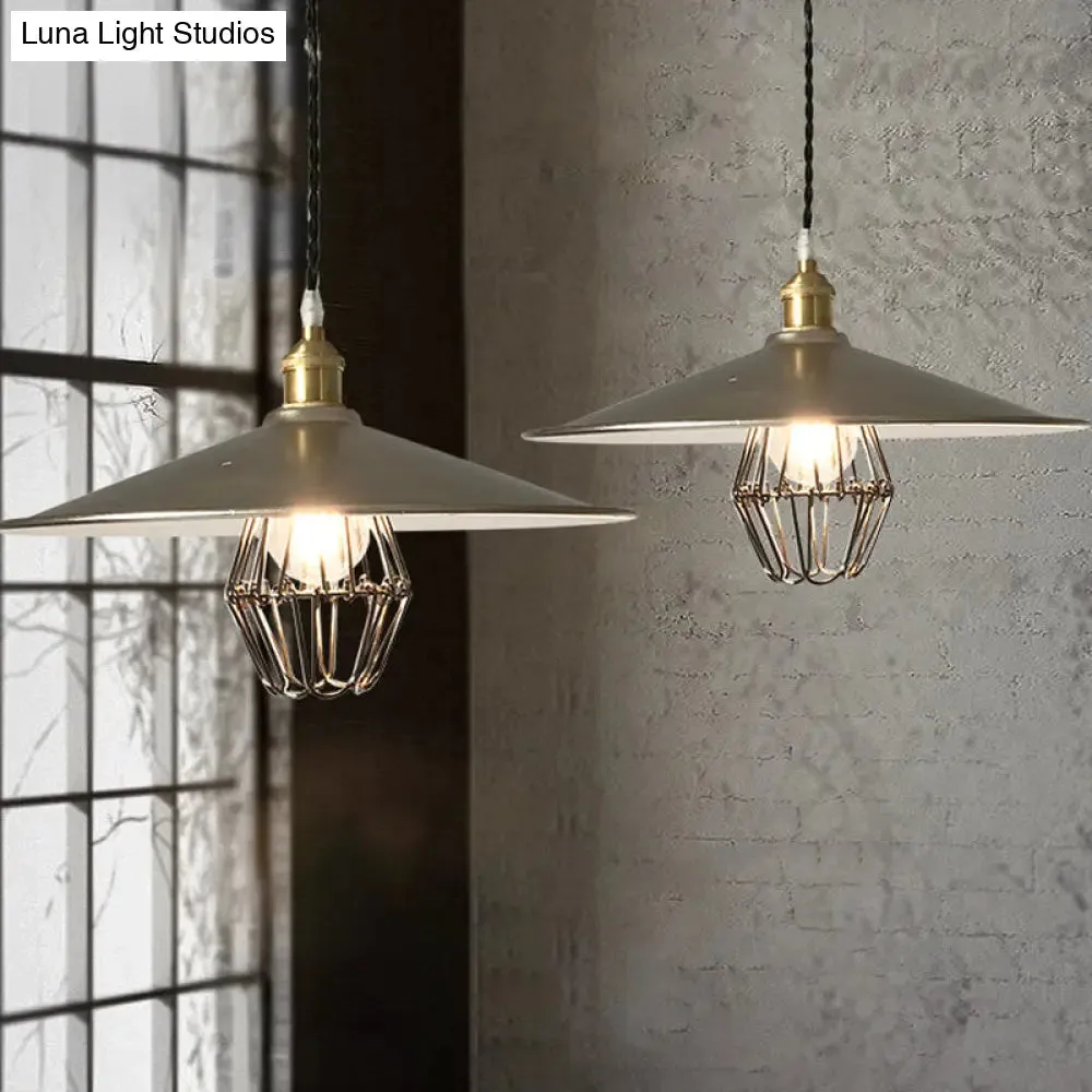 Industrial Saucer Drop Pendant Ceiling Lamp, Metal Cage Design in Nickel, 9"/14" Width
