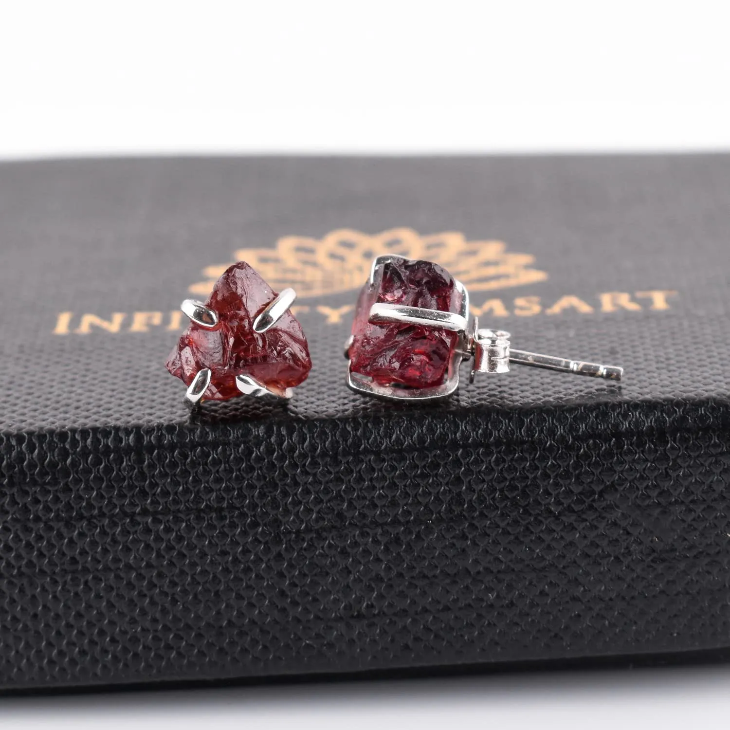 InfinityGemsArt Natural Raw Garnet Dainty Pair Stud Earrings, Birthstone Gifts for Women, Chakra Energy Crystals Jewelry in 925 Sterling Silver Chain Minimalist Gemstone Earrings