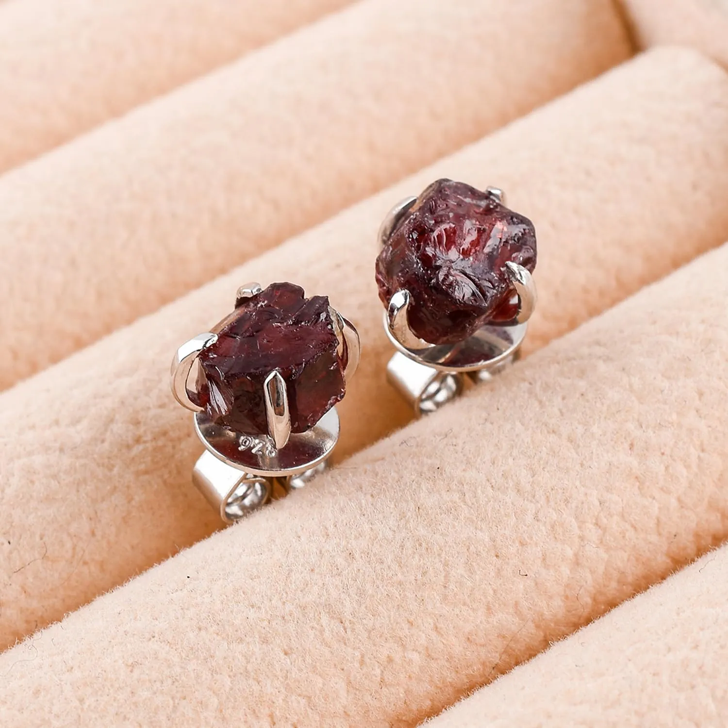 InfinityGemsArt Natural Raw Garnet Dainty Pair Stud Earrings, Birthstone Gifts for Women, Chakra Energy Crystals Jewelry in 925 Sterling Silver Chain Minimalist Gemstone Earrings