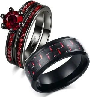 IOU His Hers Wedding Ring Sets Couples Rings Women's Black Gold Plated Red Cz Ring Wedding Engagement Ring Bridal Sets Men's Stainless Steel Wedding Band