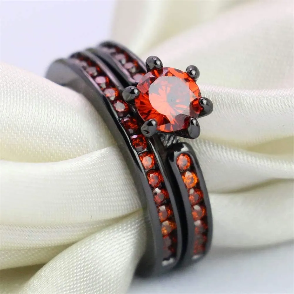 IOU His Hers Wedding Ring Sets Couples Rings Women's Black Gold Plated Red Cz Ring Wedding Engagement Ring Bridal Sets Men's Stainless Steel Wedding Band