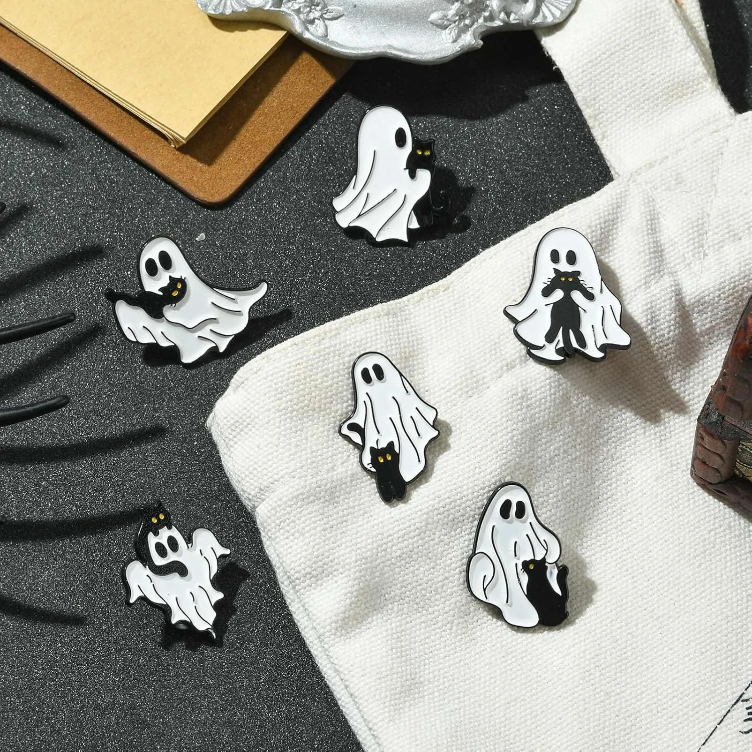 Ipotkitt 6 Pcs 6 Styles Ghost with Black Cat Enamel Brooches Halloween Theme Metal Animal Lapel Pins Horror Cartoon Pins for Jacket Backpack Hat Clothes Decor