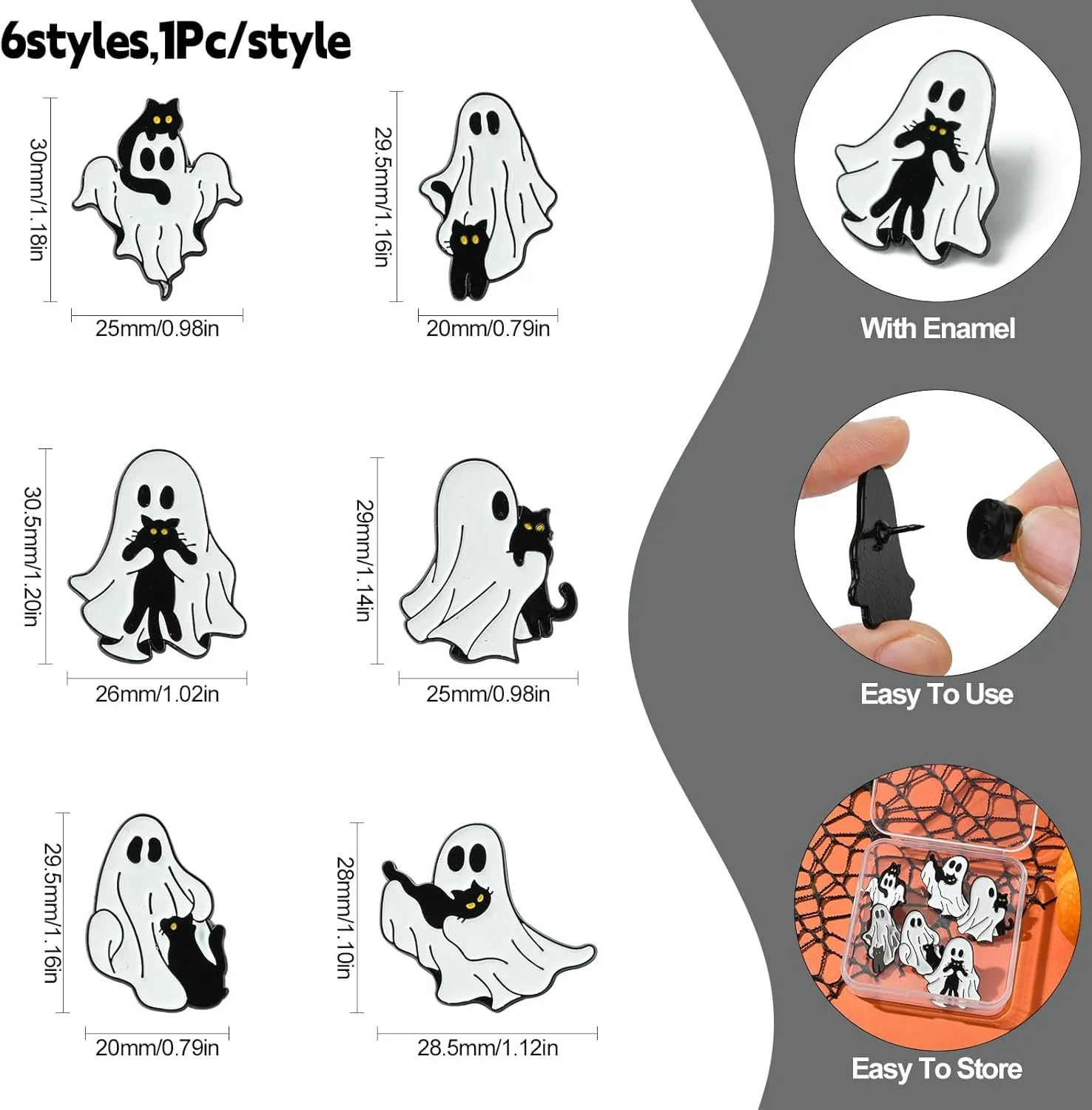 Ipotkitt 6 Pcs 6 Styles Ghost with Black Cat Enamel Brooches Halloween Theme Metal Animal Lapel Pins Horror Cartoon Pins for Jacket Backpack Hat Clothes Decor