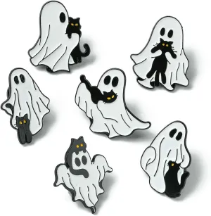 Ipotkitt 6 Pcs 6 Styles Ghost with Black Cat Enamel Brooches Halloween Theme Metal Animal Lapel Pins Horror Cartoon Pins for Jacket Backpack Hat Clothes Decor