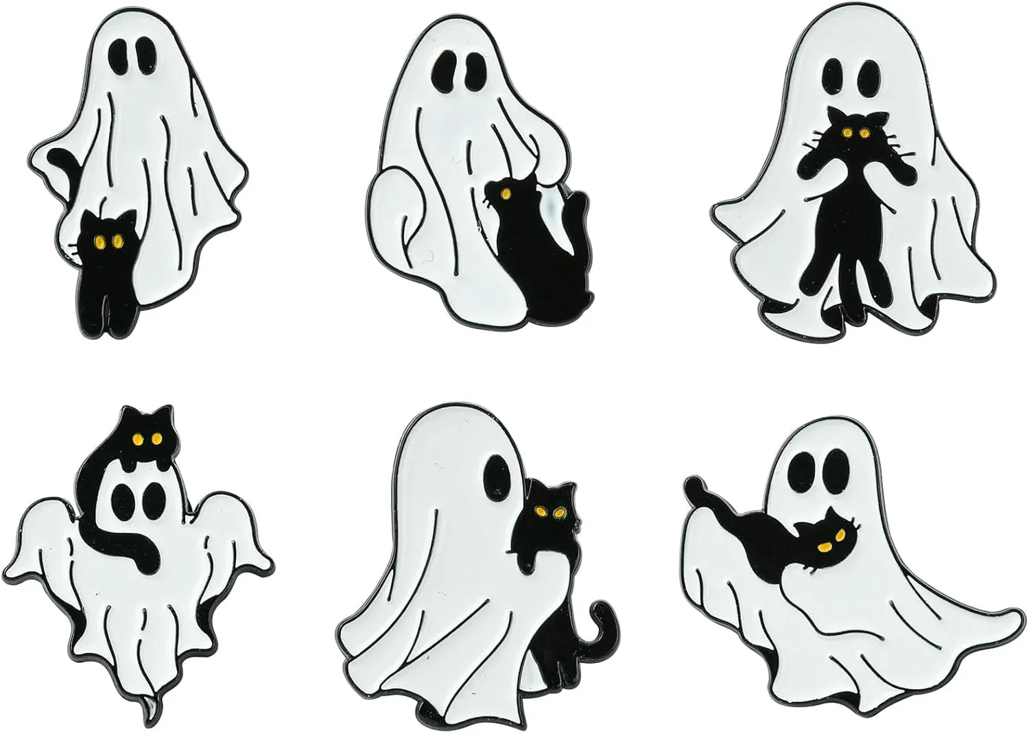 Ipotkitt 6 Pcs 6 Styles Ghost with Black Cat Enamel Brooches Halloween Theme Metal Animal Lapel Pins Horror Cartoon Pins for Jacket Backpack Hat Clothes Decor