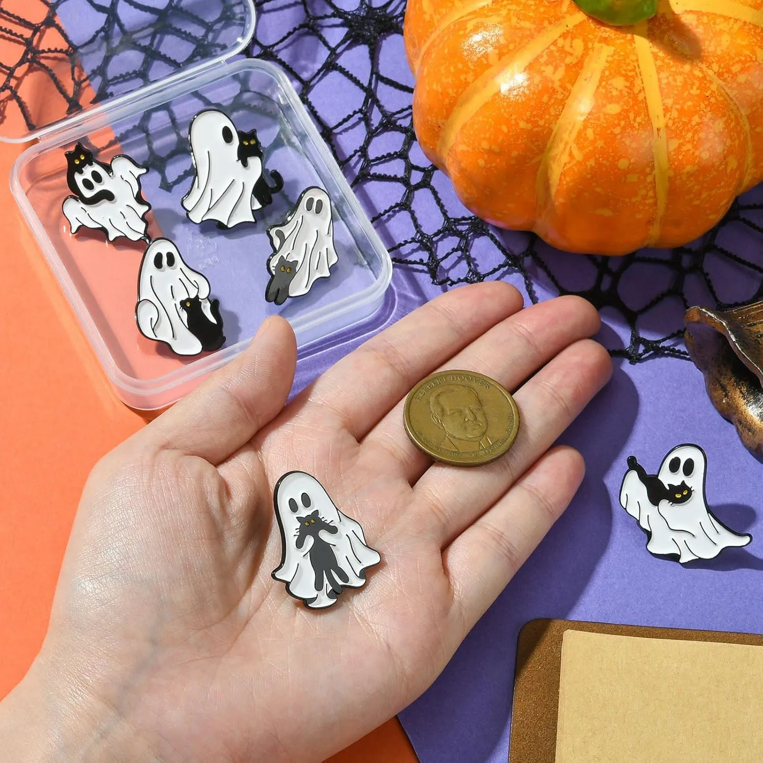 Ipotkitt 6 Pcs 6 Styles Ghost with Black Cat Enamel Brooches Halloween Theme Metal Animal Lapel Pins Horror Cartoon Pins for Jacket Backpack Hat Clothes Decor